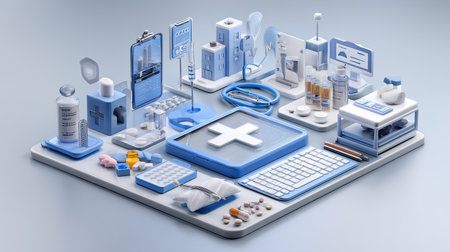 This image depicts a modern medical workspace featuring various healthcare tools and supplies in soft blue tones, emphasizing organization and efficiency.の素材