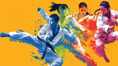 This vibrant artwork captures the dynamic energy of martial arts through colorful splashes and expressive movement, showcasing strength and skill in action.の素材