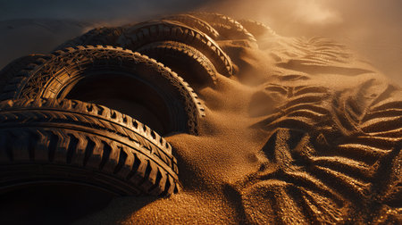 This captivating scene features abandoned tires half-buried in a sandy desert landscape at dusk, highlighting the contrast between man-made objects and nature's beauty.の素材