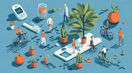 Vibrant illustration showcasing people engaging in healthy lifestyles with plants, bicycles, and medical elements in a colorful urban setting.の素材