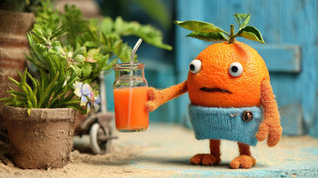 Adorable orange character with big eyes holds a glass of juice in a vibrant garden. This playful scene captures fun and creativity in a whimsical style.の素材