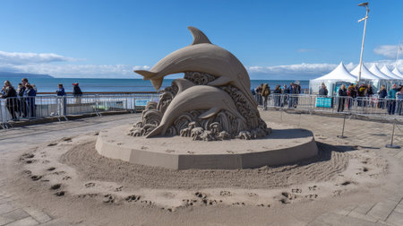 This captivating sand sculpture features dolphins leaping above waves, showcasing artistry at a beach festival. Perfect for capturing seaside moments.の素材