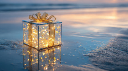 A beautifully wrapped gift box illuminated with warm lights rests on a sandy beach, reflecting the stunning colors of a serene sunset, creating a magical atmosphere.の素材