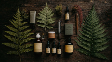 A serene flat lay featuring an arrangement of natural herbal products and lush green fern leaves, ideal for wellness and beauty themes, promoting relaxation and organic living.の素材