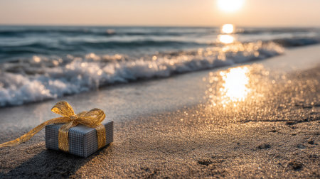 A beautifully wrapped gift box with a golden ribbon rests on a sandy beach as gentle ocean waves lap at the shore during a stunning sunset, evoking feelings of relaxation and surprise.の素材