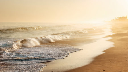A serene beach scene at sunrise, showcasing gentle waves lapping at the shore. The soft morning light creates a tranquil atmosphere, perfect for relaxation and escape.の素材