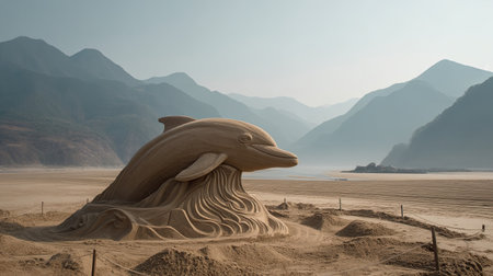 A stunning sand sculpture of a dolphin rises majestically in a tranquil mountain landscape, showcasing artistry and creativity. The piece captures the beauty of marine life against a serene backdrop.の素材