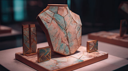 Stunning jewelry display featuring unique stone designs arranged artistically. The elegance of the collection shines in a modern and chic presentation.の素材