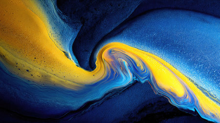 This vibrant abstract artwork features a beautiful wave of blue and yellow fluid, showcasing a stunning blend of colors and textures that evoke energy and movement.の素材