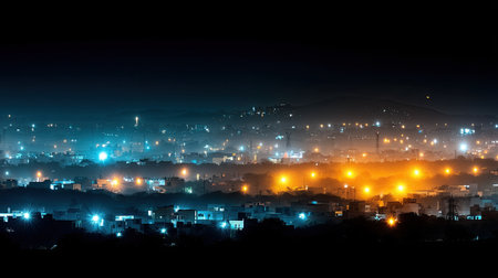 Captivating nighttime cityscape featuring vibrant lights amid a foggy atmosphere. The view showcases a mix of modern buildings and serene residential areas.の素材