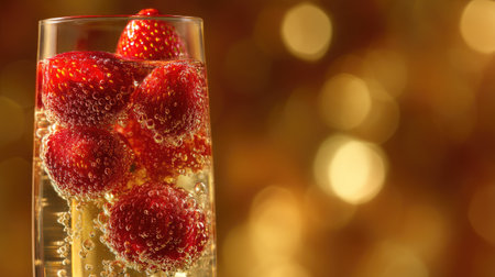 A refreshing glass filled with ripe strawberries and sparkling bubbles set against a rich golden background, perfect for summer celebrations and party themes.の素材