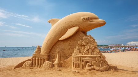 A stunning sand sculpture depicting a dolphin, set against a beach backdrop. This artwork captures the essence of summer fun and creativity by the shore.の素材