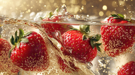 Fresh strawberries create a lively splash in sparkling water, surrounded by bubbles and a dreamy bokeh background, evoking a refreshing summer vibe.の素材