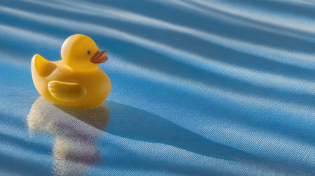 A charming yellow rubber duck floats serenely on a blue surface, casting a soft shadow. The vibrant colors and gentle texture evoke a playful childhood moment.の素材