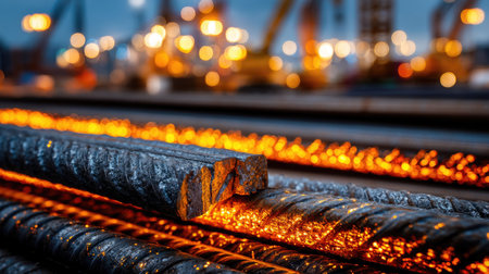 This image showcases glowing steel bars in an industrial setting, illuminated by warm bokeh lights. The close-up highlights the unique texture and craftsmanship of the metal.の素材