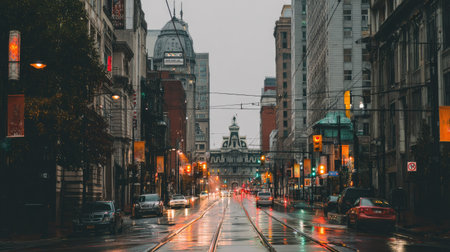 A rainy urban scene captures wet streets lined with buildings and vehicles, reflecting the subdued ambiance of city life. The atmosphere conveys a sense of tranquility.の素材