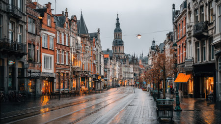 A serene street view capturing the essence of a historic Dutch town center. The rainy atmosphere enhances reflections on the cobblestone, showcasing charming architecture.の素材