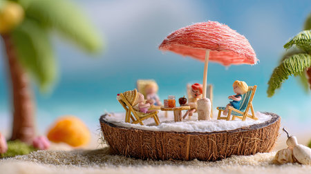 A delightful miniature beach scene featuring tiny figurines enjoying a sunny day under a colorful umbrella, surrounded by palm trees and sand.の素材