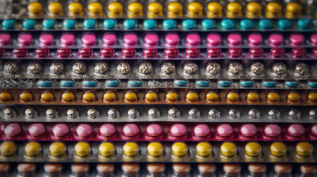 Close-up view of an array of colorful blister packs containing various medications. The organized layout emphasizes the diversity in color and design, reflecting the importance of medication in everyday health management.の素材