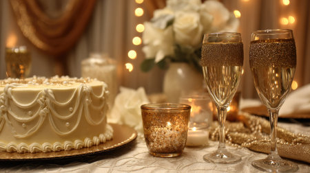 An elegant dessert table featuring a beautifully crafted cake, sparkling champagne, and delicate floral arrangements, perfect for any special celebration.の素材