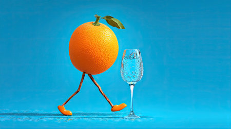 A whimsical illustration of an orange character playfully walking towards a glass of sparkling water, set against a vibrant blue background, capturing a fun and refreshing atmosphere.の素材