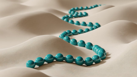 A captivating arrangement of teal beads resting on a soft beige surface, creating gentle waves and curves, evoking a sense of tranquility and modern elegance.の素材