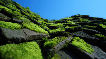 Close-up of moss-covered roof tiles against a bright blue sky, showcasing natural beauty and texture of architectural elements intertwined with greenery.の素材