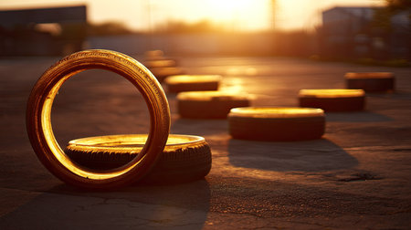 A captivating scene featuring sunlit tires arranged on an asphalt surface, capturing the warm glow of sunset. Ideal for urban and industrial themes.の素材
