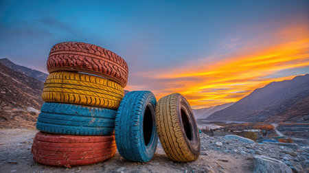 A colorful stack of tires in red, blue, and yellow stands against a stunning sunset. The vibrant colors contrast with the serene landscape, creating a striking visual.の素材