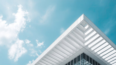 This image showcases a modern architectural design featuring a sleek rooftop against a clear blue sky. The interplay of light and shadow highlights innovative lines and geometric patterns.の素材