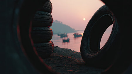 A picturesque sunset over calm water, framed by stacked vintage tires, captures a serene moment with fishing boats in the distance and a stunning blend of colors.の素材