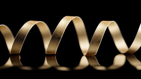 This stunning image features an elegant golden ribbon with smooth curves and reflections. Ideal for festive designs, celebrations, and luxury themes.の素材