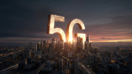 A captivating city skyline illuminated by the vibrant glow of 5G technology. This image showcases the future of urban connectivity and innovation.の素材