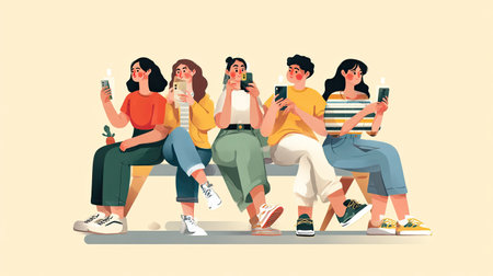 A vibrant illustration of a group of friends sitting on a bench, each engaged with their smartphones, showcasing modern friendship and communication.の素材