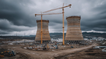 This image showcases the construction of cooling towers at an industrial site under a dramatic cloudy sky, highlighting modern engineering and infrastructure development.の素材