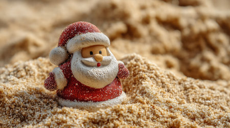 A whimsical Santa Claus figurine stands amid sandy beach, merging holiday cheer with summery vibes. Perfect for creative holiday concepts and promotions.の素材