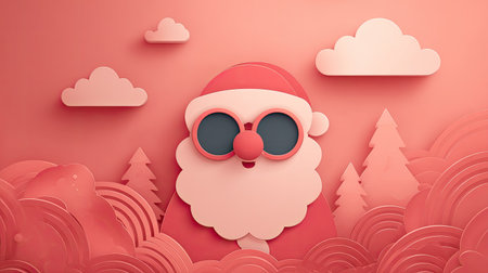 A cheerful Santa in sunglasses stands amidst whimsical clouds and trees, creating a vibrant and playful winter scene perfect for festive designs and seasonal themes.の素材