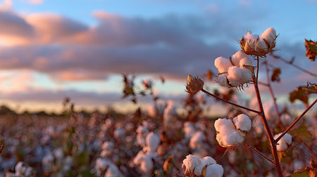 A serene cotton field at sunset showcases fluffy blooms against a colorful sky, capturing the beauty of nature and agriculture in a tranquil rural setting.の素材