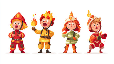Four cheerful cartoon characters dressed as firefighters display vibrant emotions and poses, celebrating heroism and teamwork in a playful, imaginative setting.の素材