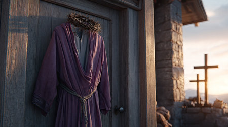 A robe with a crown of thorns hangs on a rustic door at sunset. The soft light casts gentle shadows, creating a serene atmosphere perfect for reflection and contemplation.の素材