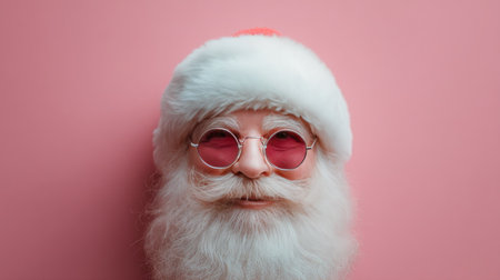 A joyful Santa Claus figure with glasses and a fluffy beard poses against a vibrant pink background, embodying festive cheer and holiday spirit for Christmas celebrations.の素材