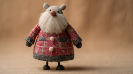This charming handmade toy character features a long beard and a festive red coat, perfect for adding whimsical warmth to any holiday decoration or gift.の素材