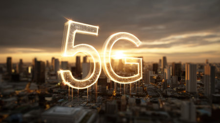 A stunning cityscape showcasing the concept of 5G technology at sunset. The glowing 5G symbol highlights urban innovation and connectivity in a vibrant atmosphere.の素材