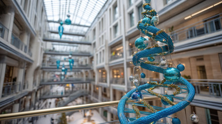 A beautifully designed indoor atrium adorned with festive blue ornaments for the holiday season. The modern architecture enhances the cheerful atmosphere.の素材