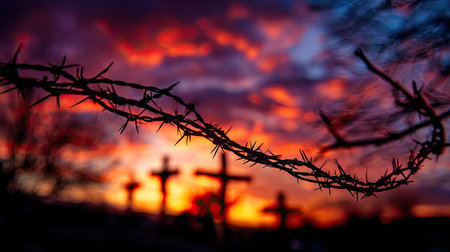 A striking image capturing barbed wire in front of a dramatic sunset, with silhouetted crosses in the background. The scene evokes deep emotions related to faith and solitude.の素材