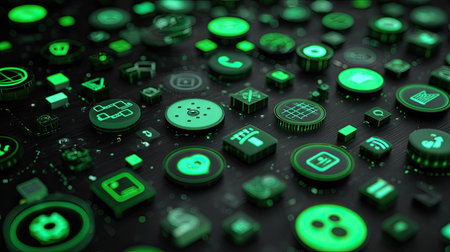 A stunning collection of green technology icons set against a dark background. Ideal for digital media projects, showcasing innovation and modern design.の素材