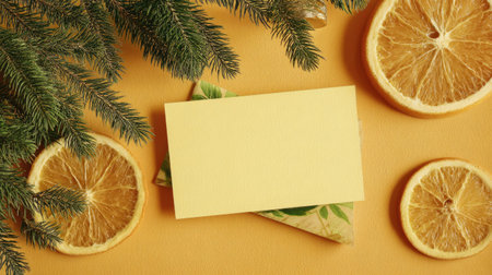 A yellow blank card is centered among pine branches and dried orange slices, creating a warm and inviting atmosphere perfect for seasonal celebrations.の素材