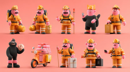 This vibrant image features cartoon characters in orange outfits showcasing various accessories and fun poses. Ideal for creative projects or playful themes.の素材