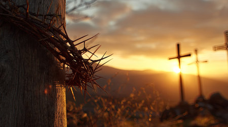 A close-up view of a thorn crown resting on a wooden cross, set against a stunning sunset. The scene evokes deep spiritual themes of sacrifice and redemption.の素材