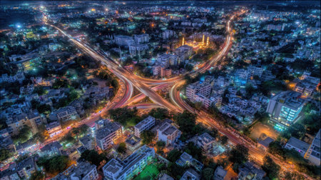 A stunning aerial view captures an urban intersection at night, highlighting the vibrant lights of the cityscape and busy traffic flow.の素材